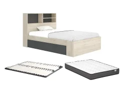 Vente-unique Lit 120 x 190 cm avec rangements - Coloris : Naturel et anthracite + Sommier + Matelas - VARDIEL* Lit Avec Rangement