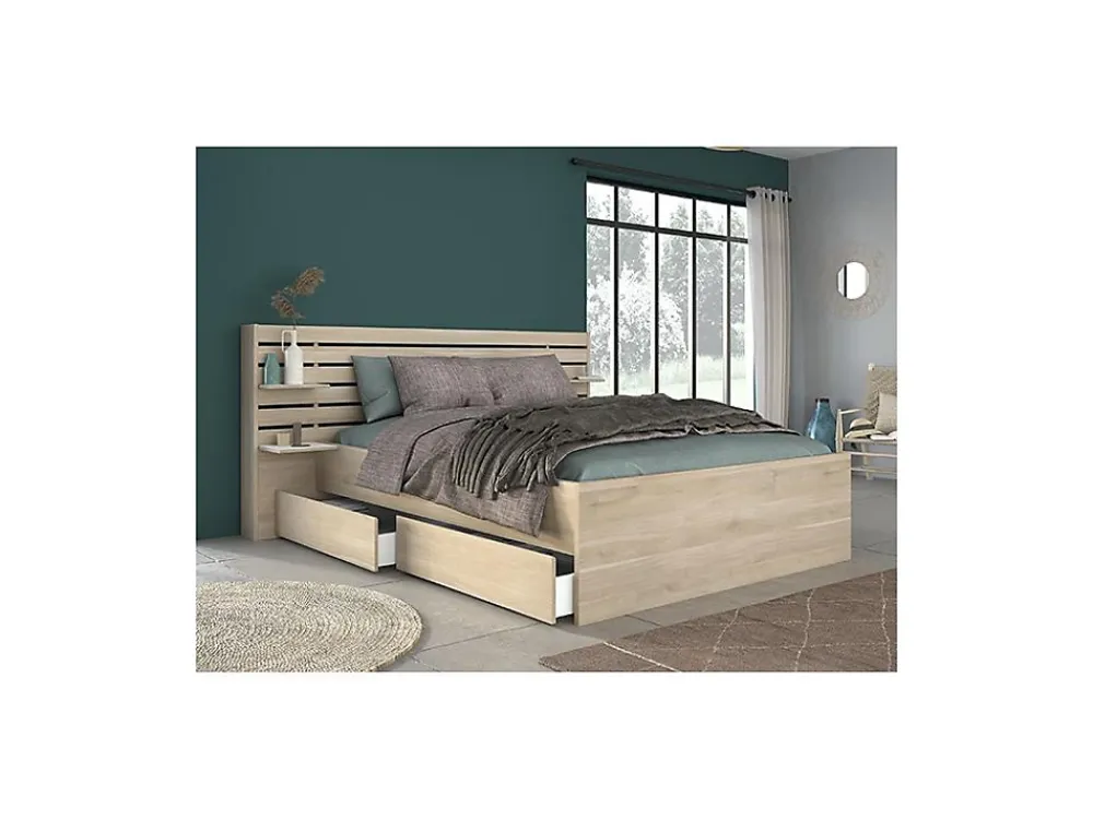 Vente-unique Lit 160 x 200 cm avec rangements - Coloris : Naturel - TENALIA II* Lit Avec Rangement