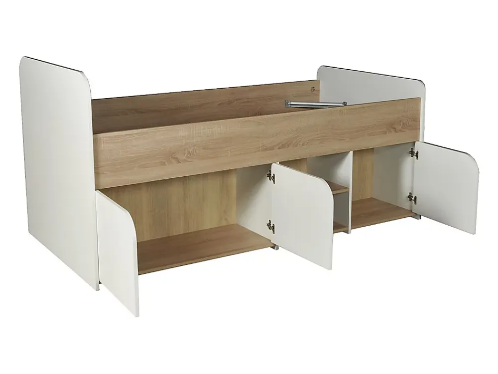 Vente-unique Lit 90 x 190 cm avec rangements - Coloris : Naturel et blanc + Sommier + Matelas - LOSTYA* Lit Avec Rangement