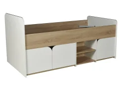 Vente-unique Lit 90 x 190 cm avec rangements - Coloris : Naturel et blanc + Sommier + Matelas - LOSTYA* Lit Avec Rangement