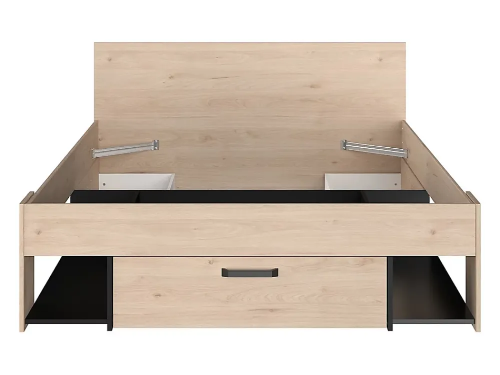 Vente-unique Lit 140 x 190/200 cm avec rangements - Coloris : Naturel et noir + Sommier - KINSELIA* Lit Avec Rangement