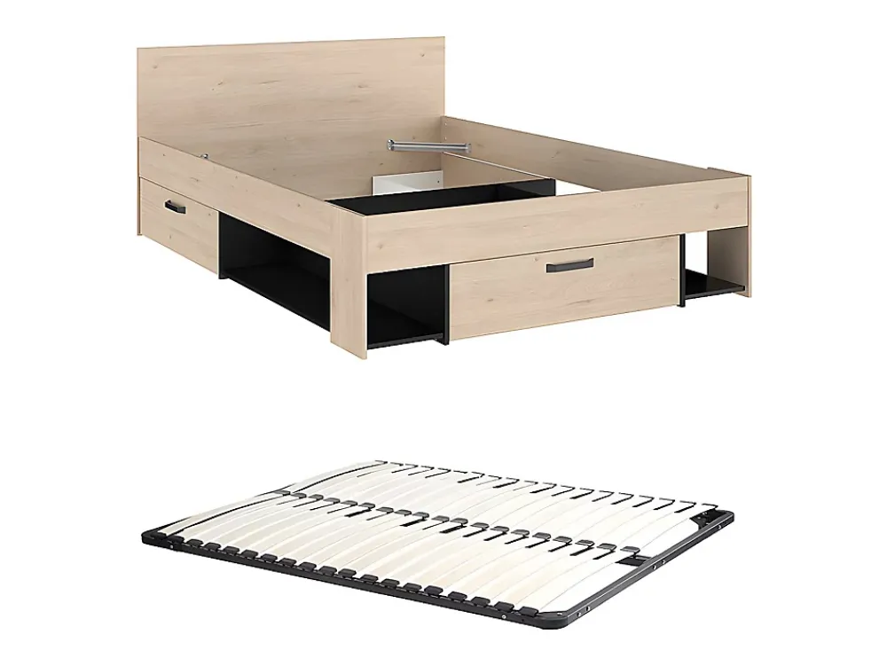 Vente-unique Lit 140 x 190/200 cm avec rangements - Coloris : Naturel et noir + Sommier - KINSELIA* Lit Avec Rangement