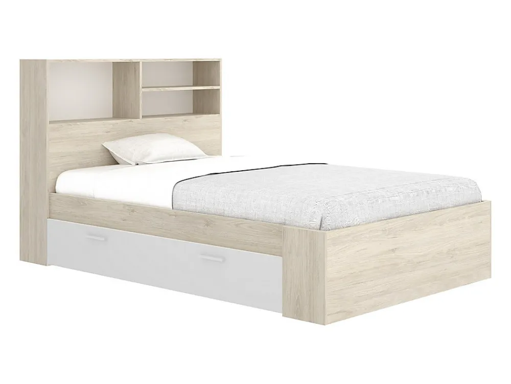 Lit 120 x 190 cm avec rangements - Coloris : Naturel et blanc + Sommier + Matelas - VARDIEL>Vente-unique Outlet