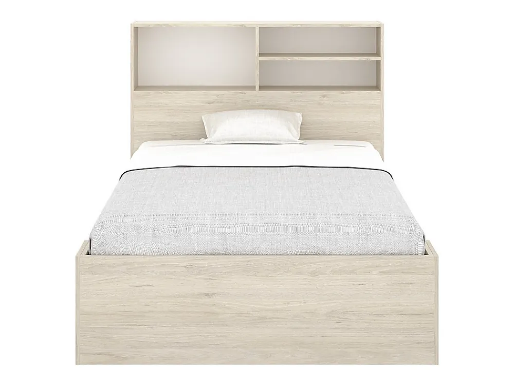 Lit 120 x 190 cm avec rangements - Coloris : Naturel et blanc + Sommier + Matelas - VARDIEL>Vente-unique Outlet