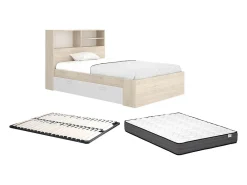 Lit 120 x 190 cm avec rangements - Coloris : Naturel et blanc + Sommier + Matelas - VARDIEL><noscript><img width=
