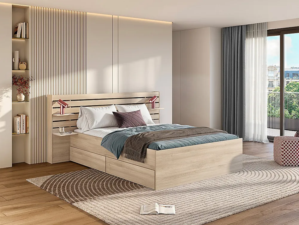 Vente-unique Lit 140 x 190/200 cm avec rangements - Coloris : Naturel + Sommier + Matelas - TENALIA II* Lit Avec Rangement