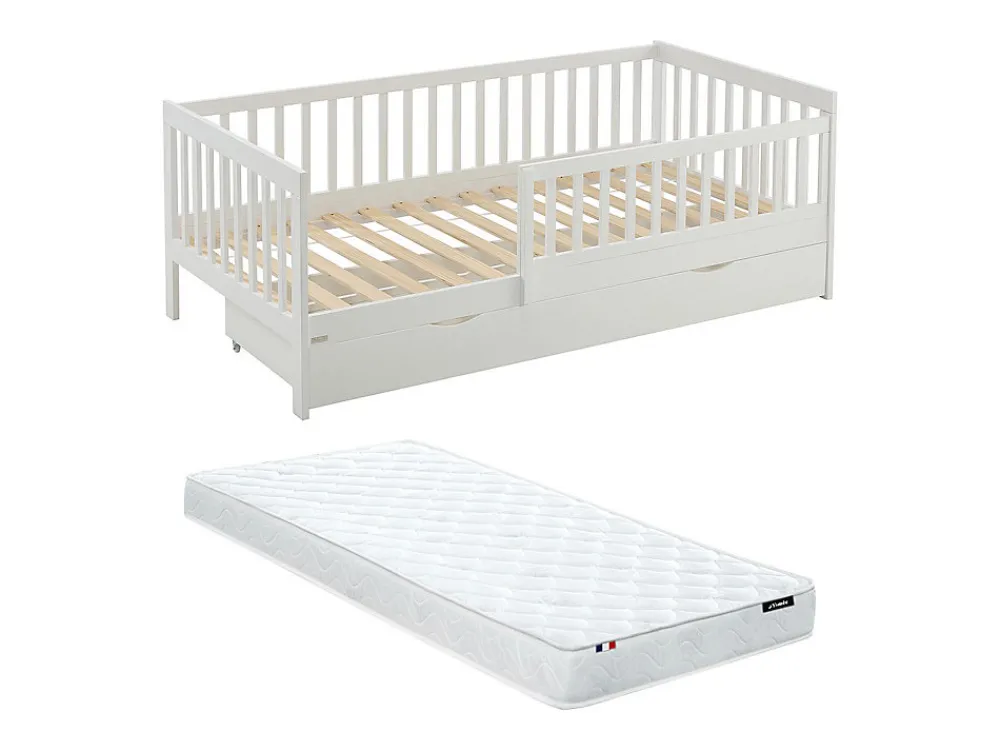 Lit 90 x 190 cm avec tiroir - Pin et MDF - Blanc + Matelas - PROVIATI>Vente-unique Hot