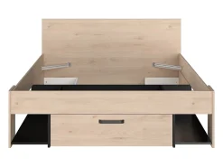 Vente-unique Lit 140 x 190/200 cm avec tête de lit et rangements - Coloris : Naturel et noir + Sommier + Matelas - KINSELIA* Lit Avec Rangement