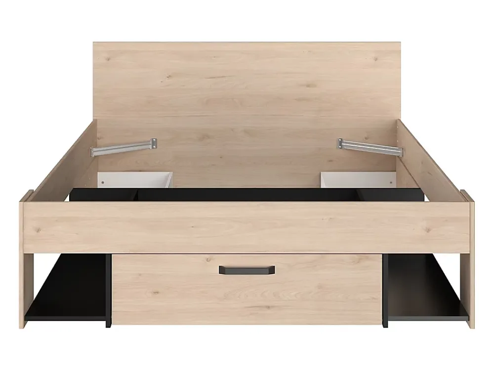 Vente-unique Lit 140 x 190/200 cm avec tête de lit et rangements - Coloris : Naturel et noir + Sommier + Matelas - KINSELIA* Lit Avec Rangement
