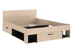 Vente-unique Lit 140 x 190/200 cm avec tête de lit et rangements - Coloris : Naturel et noir + Sommier + Matelas - KINSELIA* Lit Avec Rangement