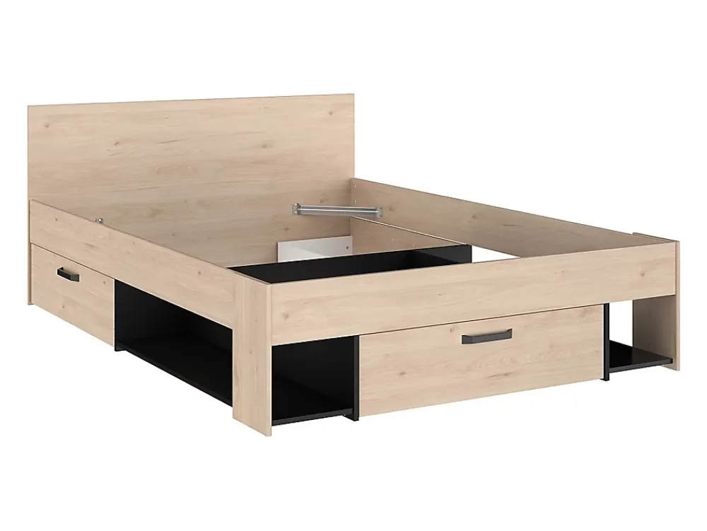 Vente-unique Lit 140 x 190/200 cm avec tête de lit et rangements - Coloris : Naturel et noir + Sommier + Matelas - KINSELIA* Lit Avec Rangement