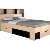 Lit 140 x 190/200 cm avec tête de lit et rangements - Coloris : Naturel et noir - KINSELIA>Vente-unique Outlet