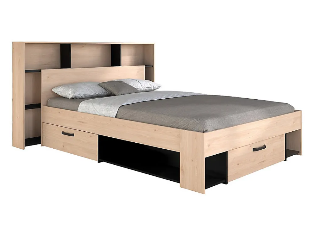 Lit 140 x 190/200 cm avec tête de lit et rangements - Coloris : Naturel et noir - KINSELIA>Vente-unique Outlet