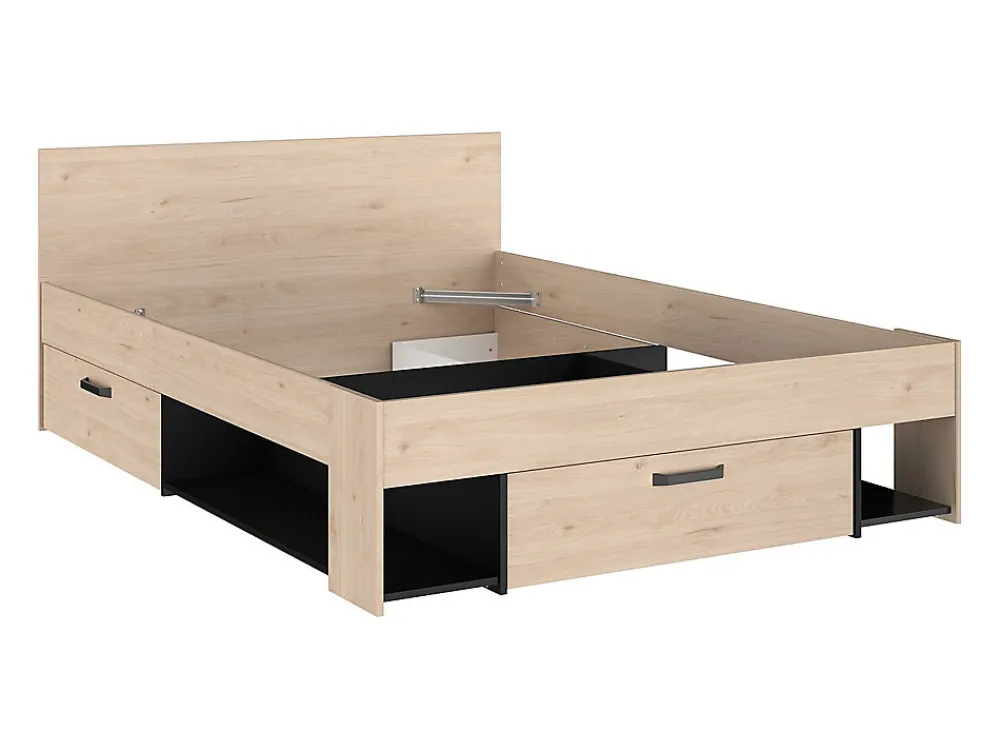 Lit 140 x 190/200 cm avec tête de lit et rangements - Coloris : Naturel et noir - KINSELIA>Vente-unique Outlet