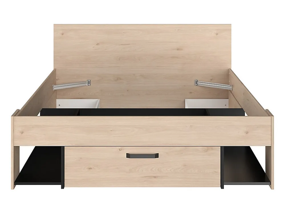 Lit 140 x 190/200 cm avec tête de lit et rangements - Coloris : Naturel et noir - KINSELIA>Vente-unique Outlet