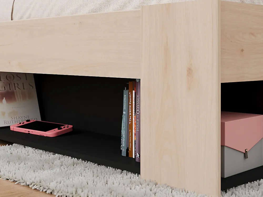 Lit 140 x 190/200 cm avec tête de lit et rangements - Coloris : Naturel et noir - KINSELIA>Vente-unique Outlet