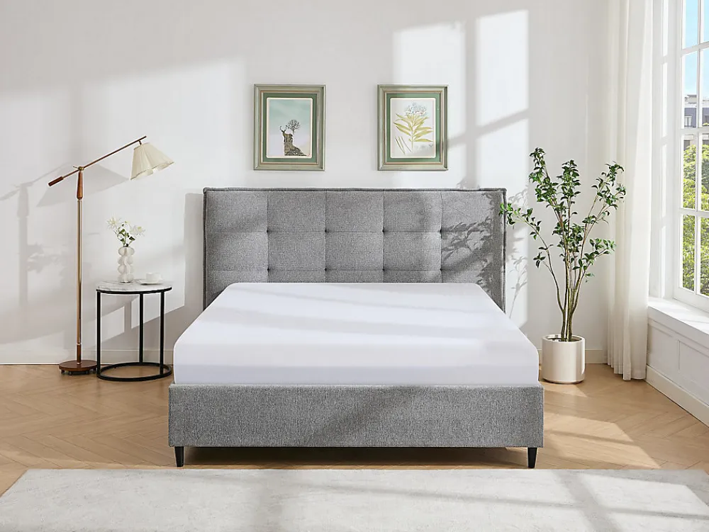 Lit 180 x 200 cm avec tête de lit capitonnée - Tissu - Gris + Matelas - NIRPIO>Vente-unique New