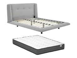 Vente-unique Lit 160 x 200 cm avec tête de lit capitonnée - Tissu - Gris clair + Matelas - PENAVI* Lit Double