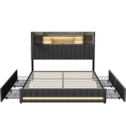 Simple Life Lit 140 x 190 cm avec tête de lit LED et USB, 4 tiroirs de rangement, sommier à lattes, lin, gris* Lit Coffre