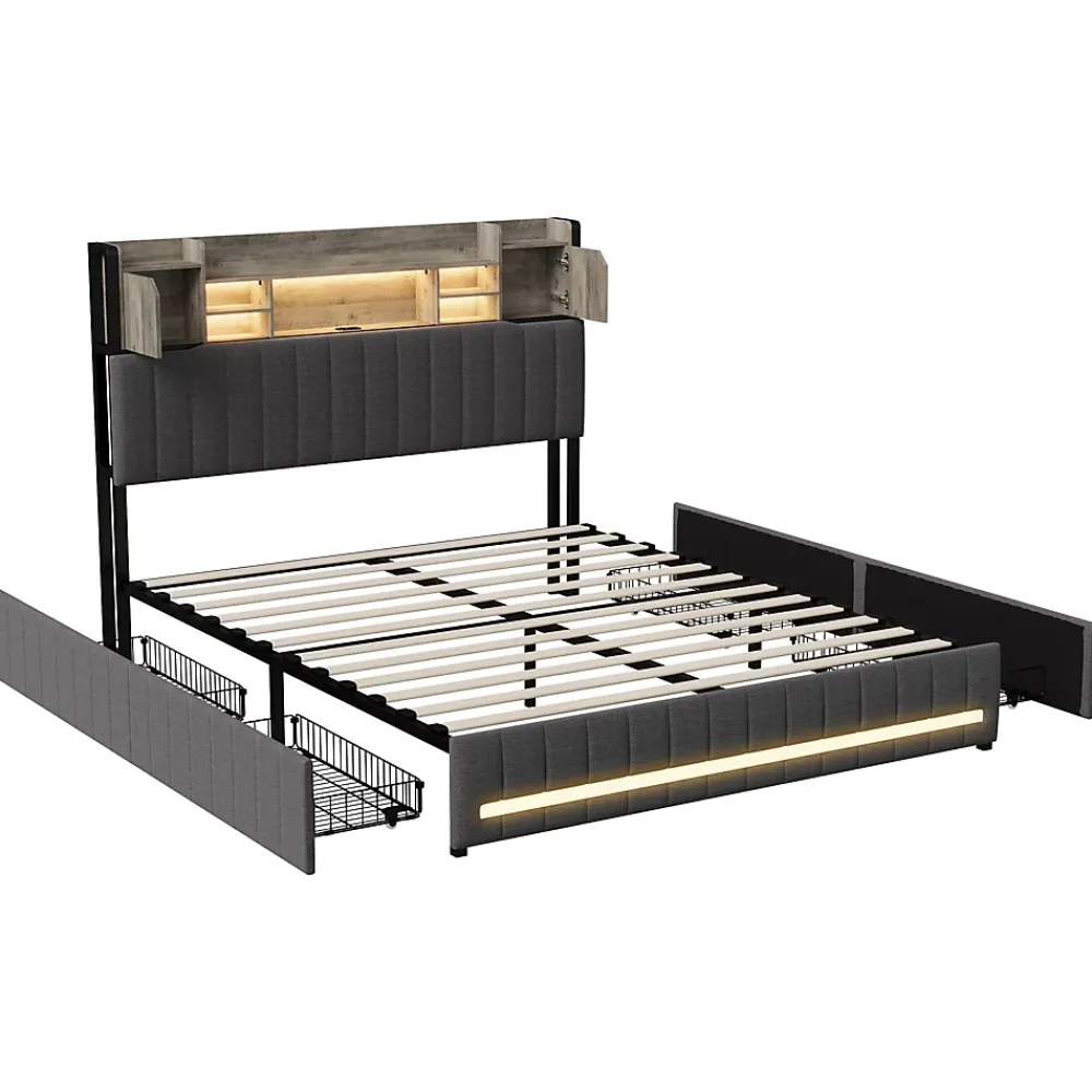 Simple Life Lit 140 x 190 cm avec tête de lit LED et USB, 4 tiroirs de rangement, sommier à lattes, lin, gris* Lit Coffre