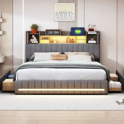 Simple Life Lit 140 x 190 cm avec tête de lit LED et USB, 4 tiroirs de rangement, sommier à lattes, lin, gris* Lit Coffre