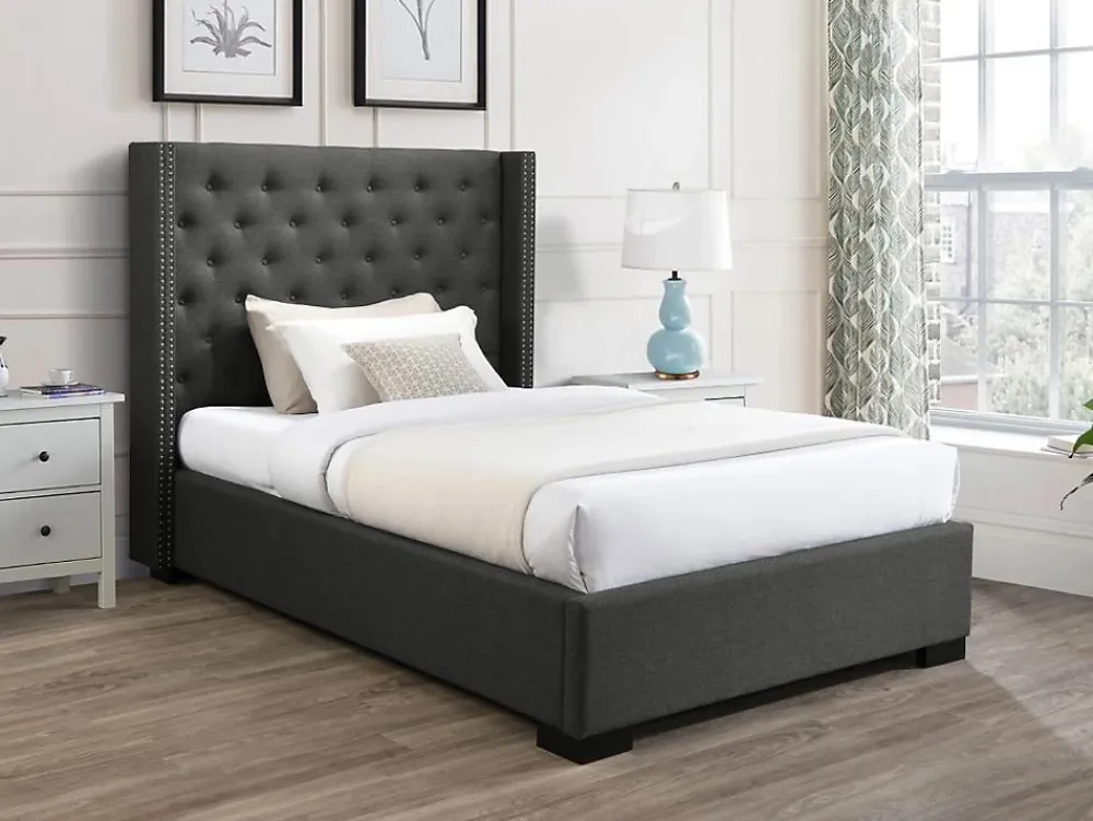 Vente-unique Lit 120 x 200 cm avec tête de lit capitonnée - Tissu - Gris - MASSIMO* Lit Simple