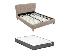 Lit 160 x 200 cm avec tête de lit capitonnée - Tissu - Beige + Matelas - ELIDE><noscript><img width=