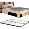 Lit 140 x 190/200 cm avec tête de lit et rangements - Coloris : Naturel et noir + Sommier - KINSELIA>Vente-unique Best