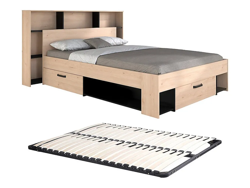 Lit 140 x 190/200 cm avec tête de lit et rangements - Coloris : Naturel et noir + Sommier - KINSELIA>Vente-unique Best