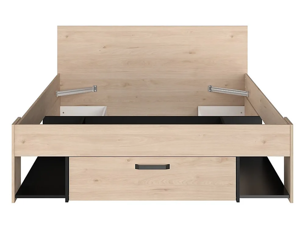Lit 140 x 190/200 cm avec tête de lit et rangements - Coloris : Naturel et noir + Sommier - KINSELIA>Vente-unique Best