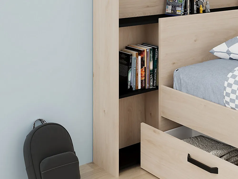 Lit 140 x 190/200 cm avec tête de lit et rangements - Coloris : Naturel et noir + Sommier - KINSELIA>Vente-unique Best