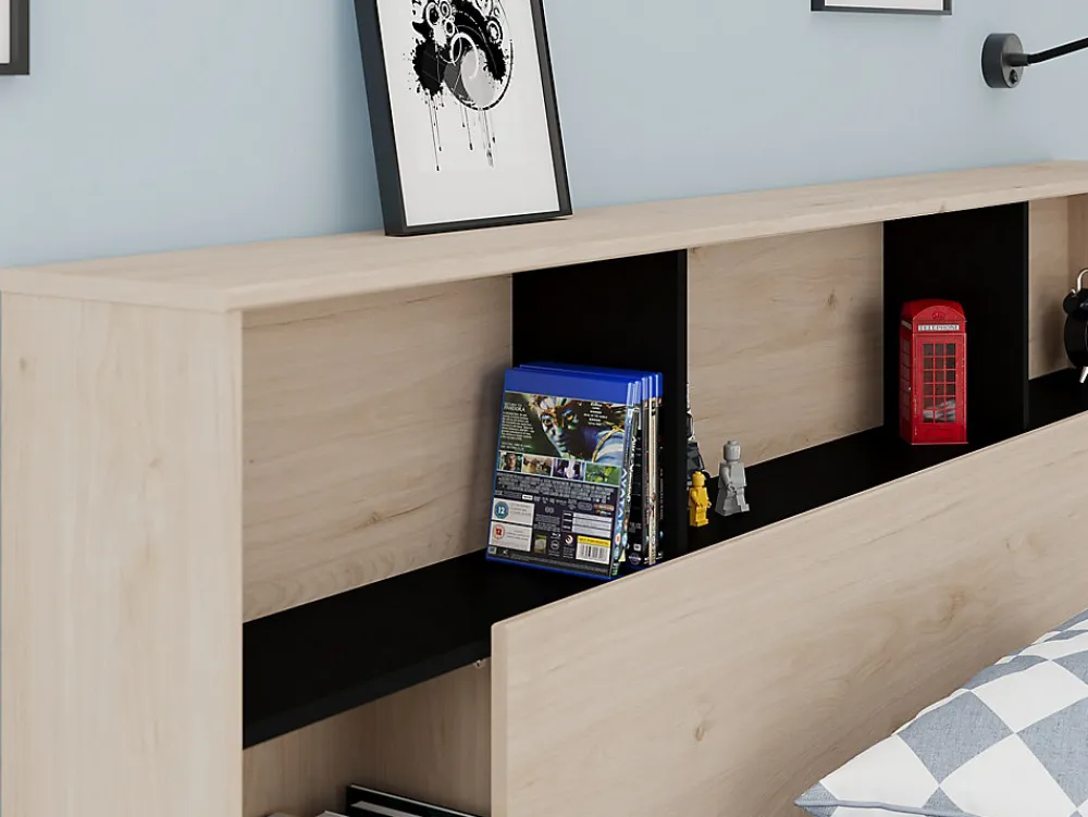Lit 140 x 190/200 cm avec tête de lit et rangements - Coloris : Naturel et noir + Sommier - KINSELIA>Vente-unique Best