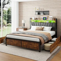 Lit 180 x 200 cm avec tête de lit, 4 tiroirs, LED et station de charge - noir>ProximaX