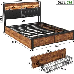 Lit 180 x 200 cm avec tête de lit, 4 tiroirs, LED et station de charge - noir><noscript><img width=