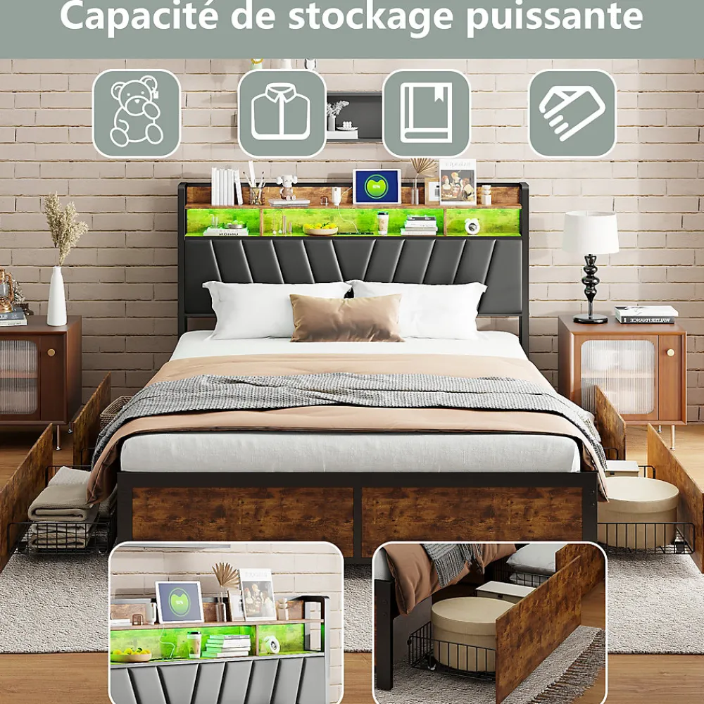 Lit 180 x 200 cm avec tête de lit, 4 tiroirs, LED et station de charge - noir>ProximaX