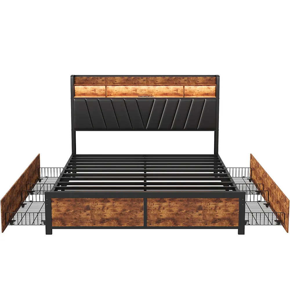 Lit 180 x 200 cm avec tête de lit, 4 tiroirs, LED et station de charge - noir>ProximaX