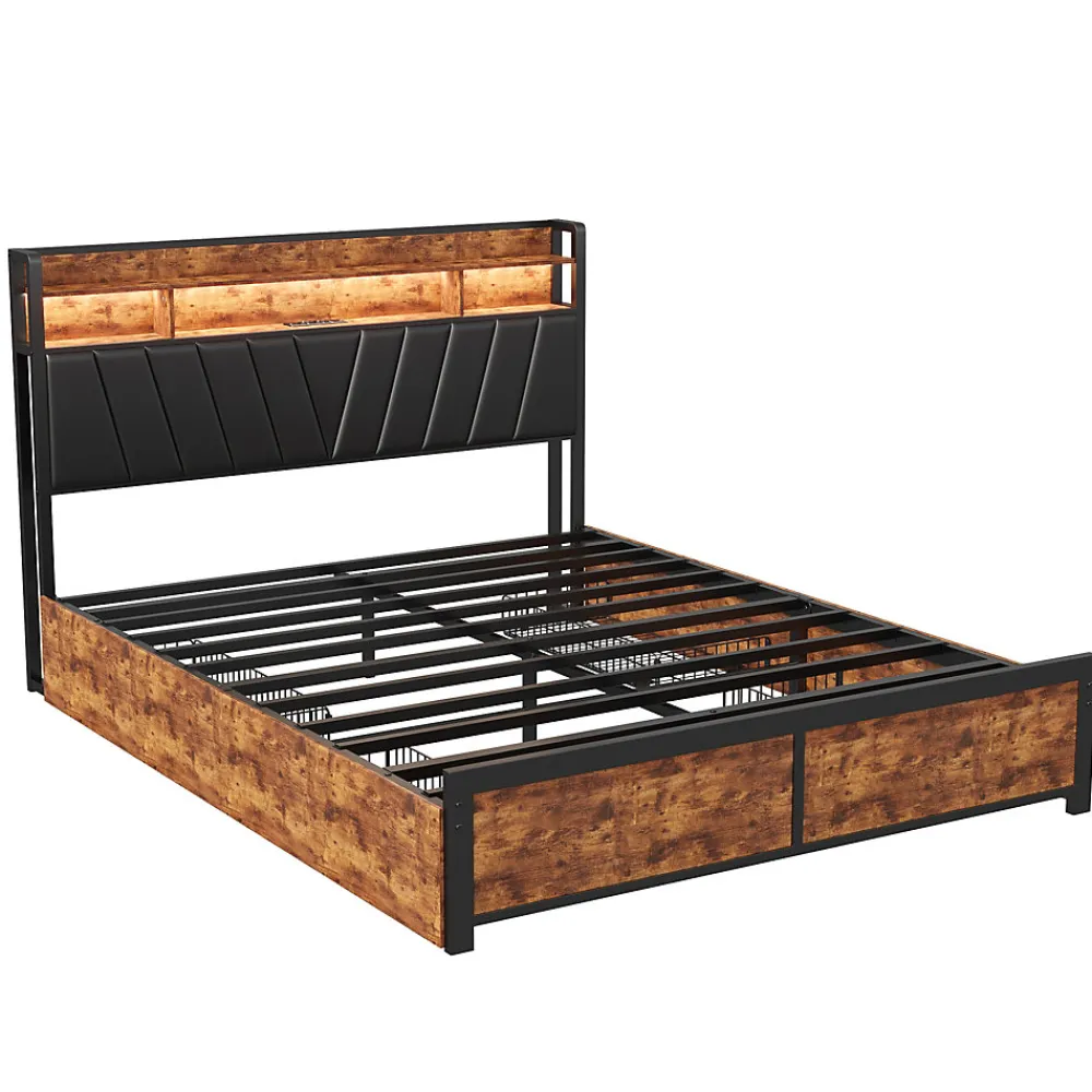 Lit 180 x 200 cm avec tête de lit, 4 tiroirs, LED et station de charge - noir>ProximaX
