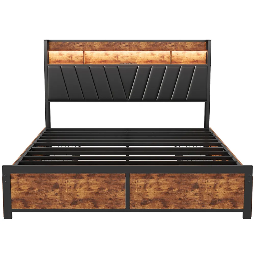 Lit 180 x 200 cm avec tête de lit, 4 tiroirs, LED et station de charge - noir>ProximaX