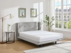 Vente-unique Lit 140 x 190 cm avec tête de lit capitonnée - Tissu - Gris clair - PENAVI* Lit Double