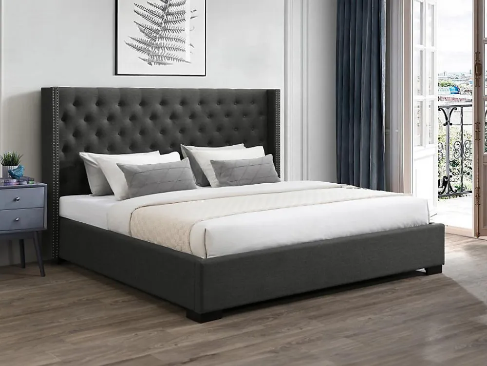 Lit 200 x 200 cm avec tête de lit capitonnée - Tissu - Gris - MASSIMO>Vente-unique Sale