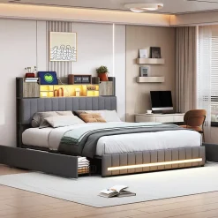 Simple Life Lit 160 x 200 cm avec tête de lit LED et USB, 4 tiroirs de rangement, sommier à lattes, lin, gris* Lit Coffre