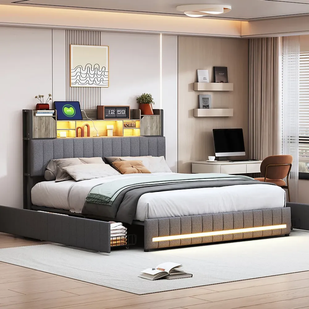 Simple Life Lit 160 x 200 cm avec tête de lit LED et USB, 4 tiroirs de rangement, sommier à lattes, lin, gris* Lit Coffre
