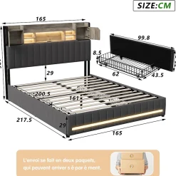 Simple Life Lit 160 x 200 cm avec tête de lit LED et USB, 4 tiroirs de rangement, sommier à lattes, lin, gris* Lit Coffre