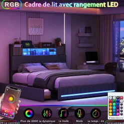 Simple Life Lit 160 x 200 cm avec tête de lit LED et USB, 4 tiroirs de rangement, sommier à lattes, lin, gris* Lit Coffre