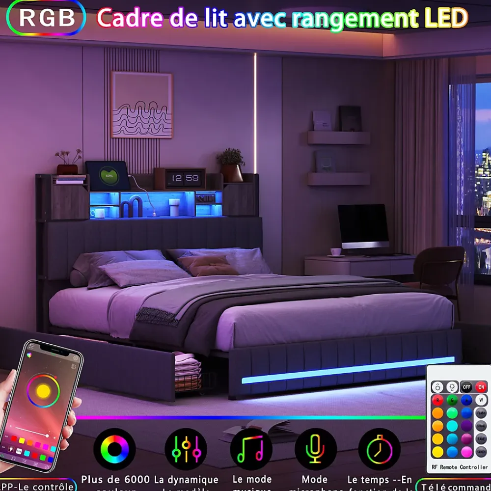 Simple Life Lit 160 x 200 cm avec tête de lit LED et USB, 4 tiroirs de rangement, sommier à lattes, lin, gris* Lit Coffre