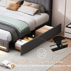 Simple Life Lit 160 x 200 cm avec tête de lit LED et USB, 4 tiroirs de rangement, sommier à lattes, lin, gris* Lit Coffre