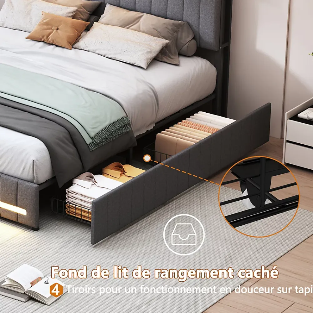 Simple Life Lit 160 x 200 cm avec tête de lit LED et USB, 4 tiroirs de rangement, sommier à lattes, lin, gris* Lit Coffre
