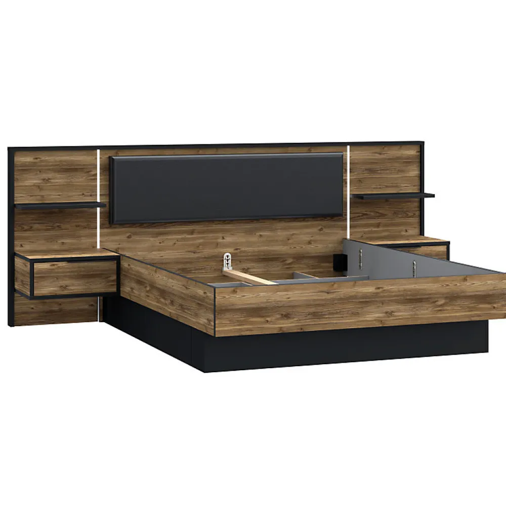 Lit 160 x 200 cm décor bois épicéa et noir avec éclairage LED - CELIA>Meubletmoi Discount