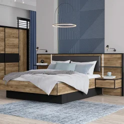 Lit 160 x 200 cm décor bois épicéa et noir avec éclairage LED - CELIA>Meubletmoi Discount