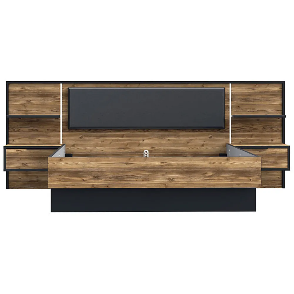 Lit 160 x 200 cm décor bois épicéa et noir avec éclairage LED - CELIA>Meubletmoi Discount